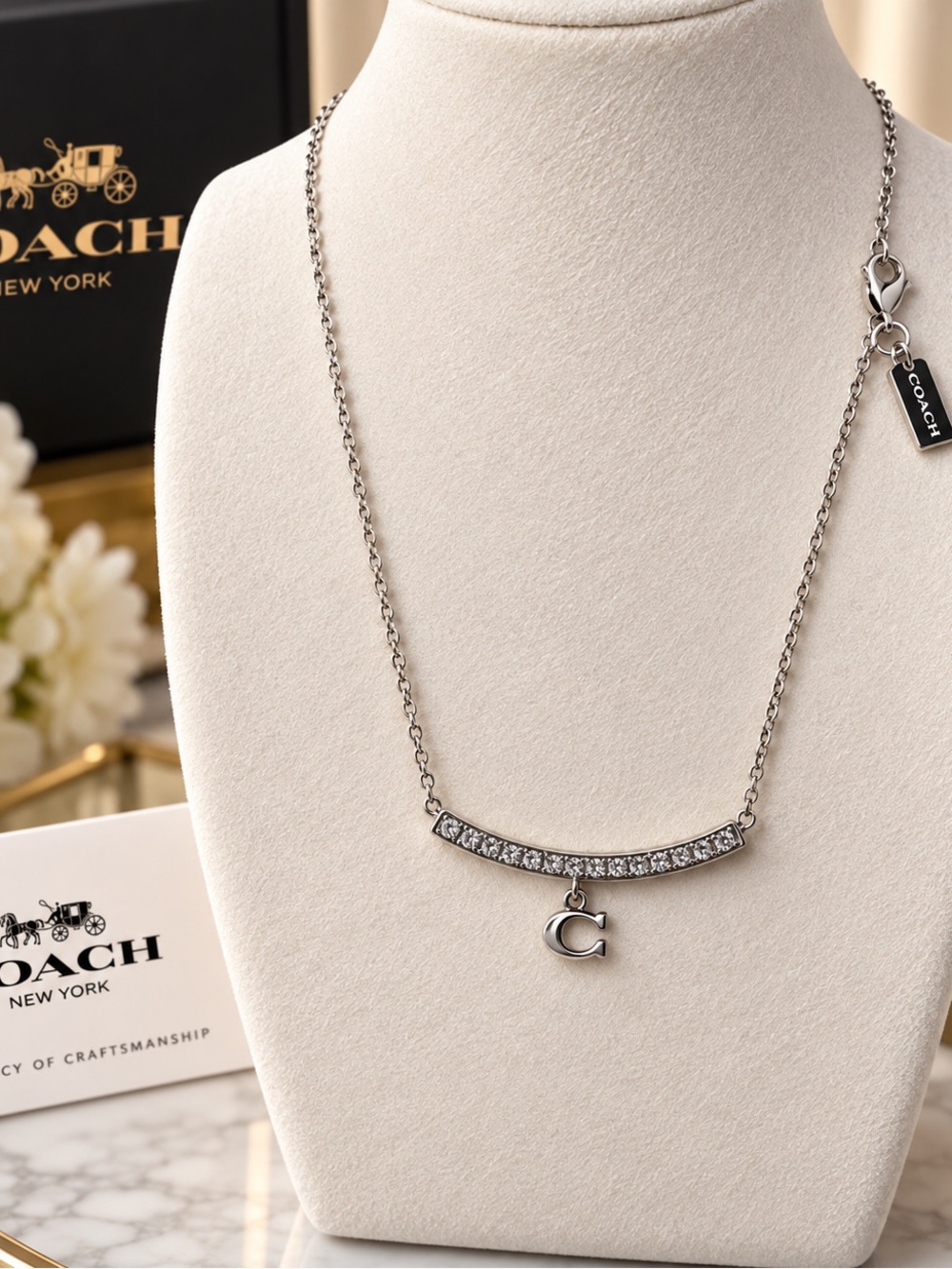 Coach Silver Crystal Bar Necklace with Charm